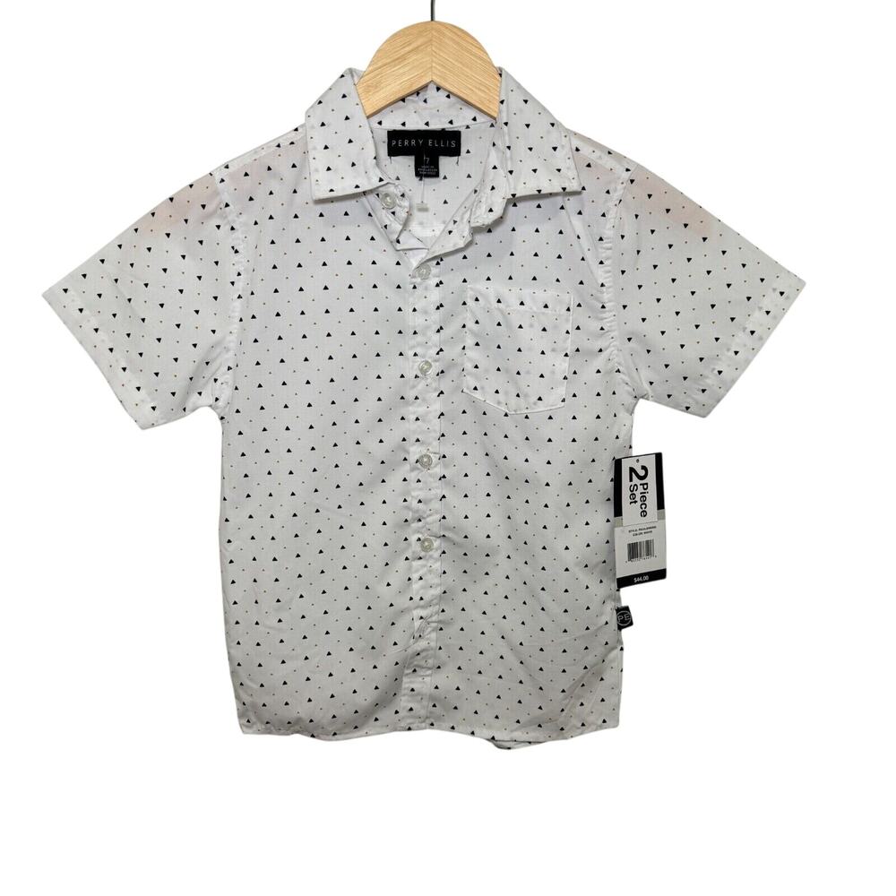 Perry Ellis Boys Size 7 White Geometric Button Up‎ Shirt Short Sleeve